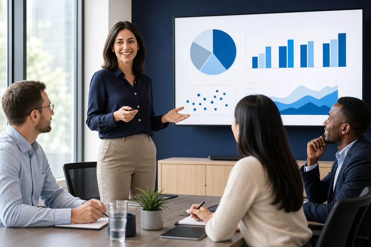 Professionals practicing a business English presentation