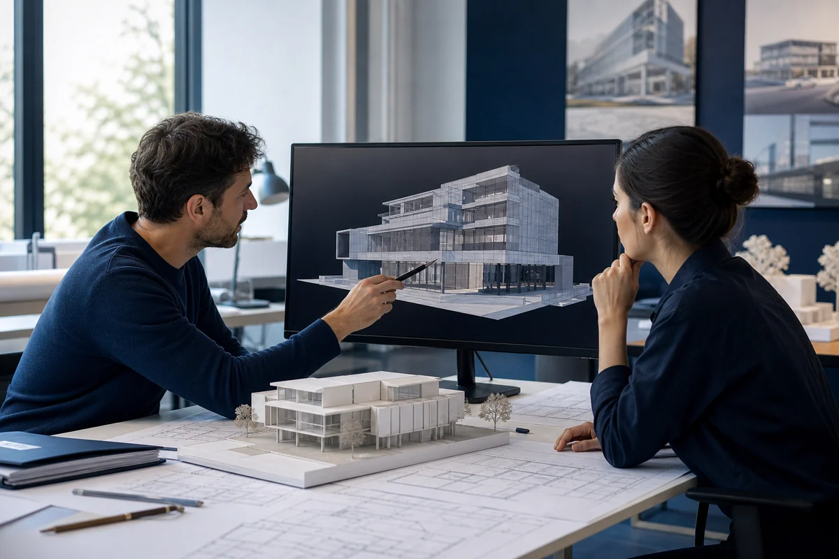 Architecture learner reviewing a 3D building model with an instructor