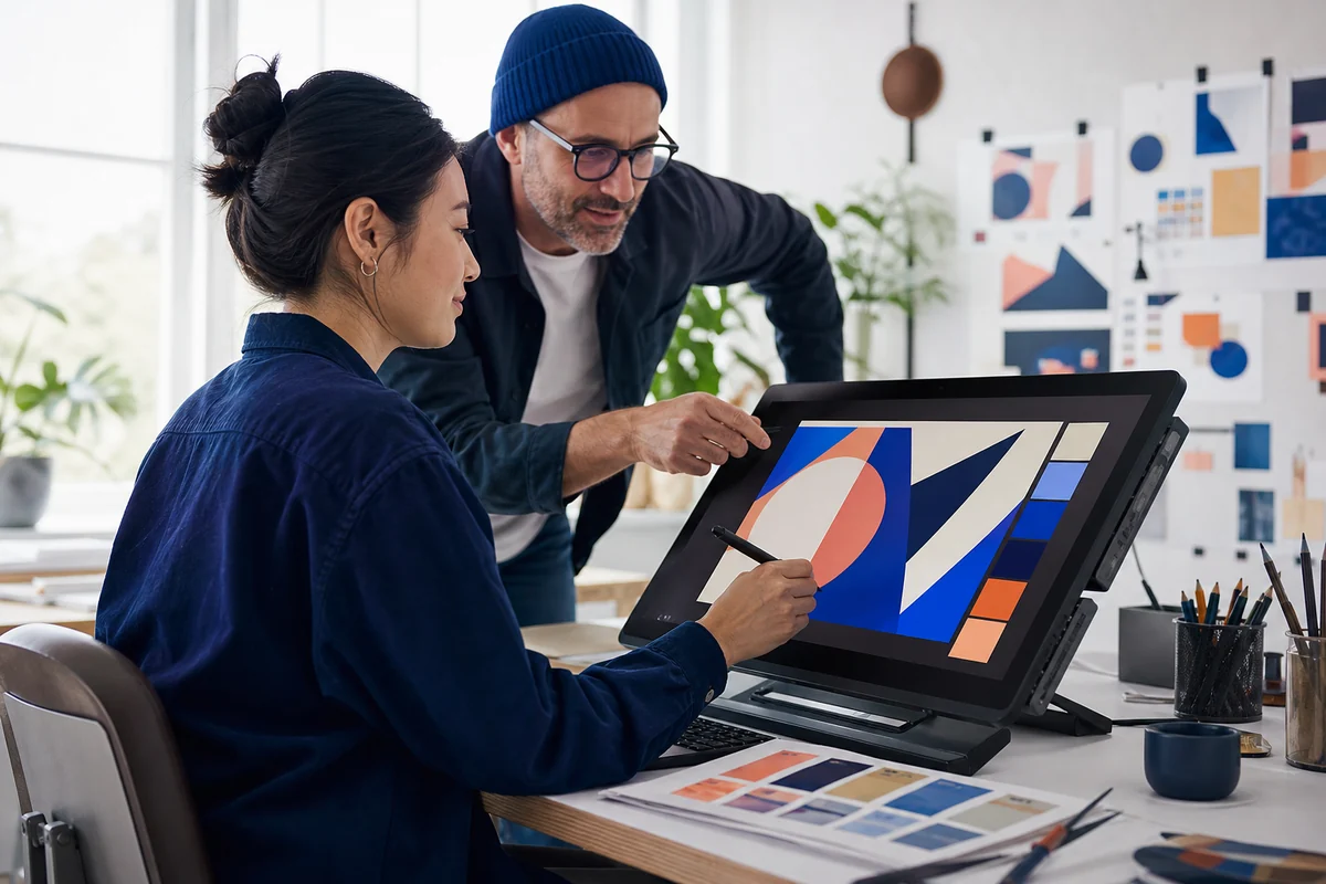 Graphic design learner using a pen display with instructor feedback