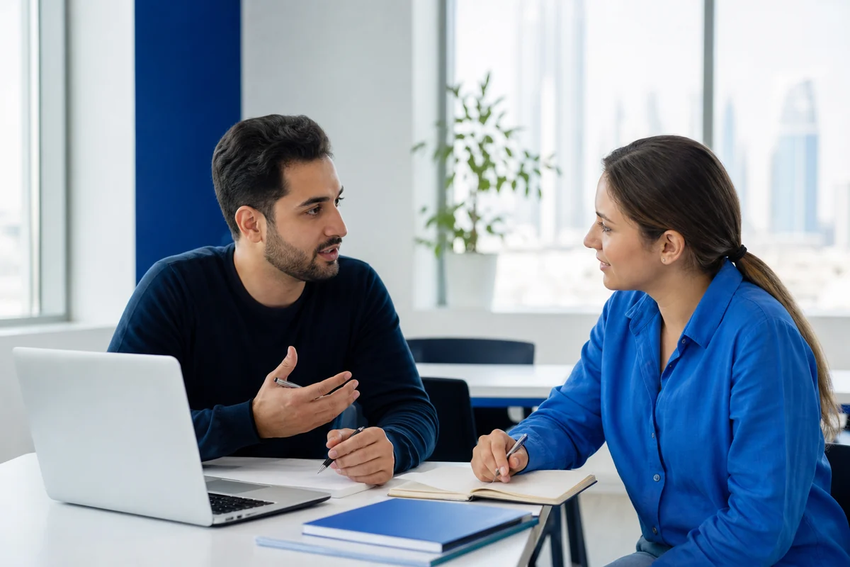 Adult learner practicing spoken English with an instructor