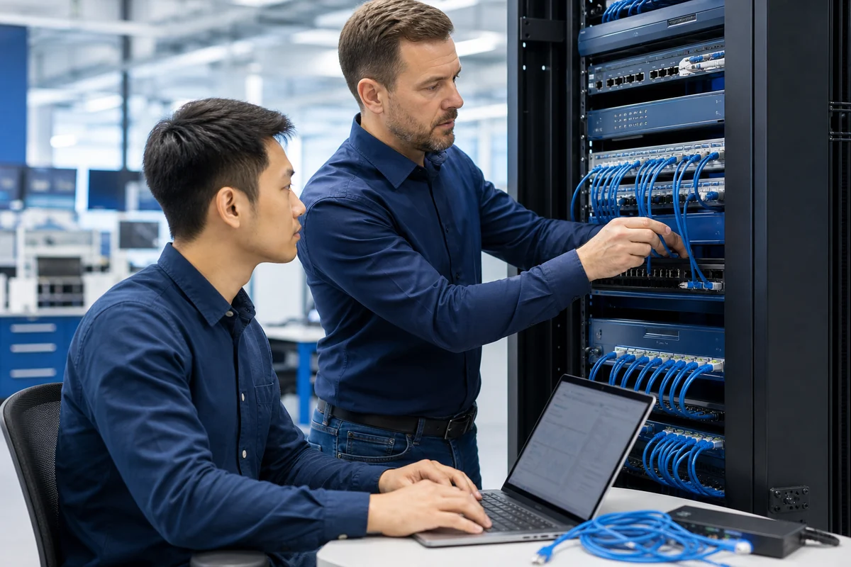 IT learner and instructor configuring enterprise network equipment