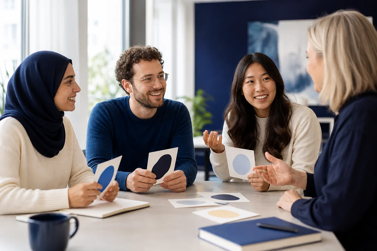 Multicultural adult learners participating in a language conversation class