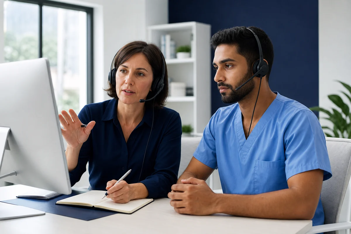 Healthcare professional practicing English with a language instructor
