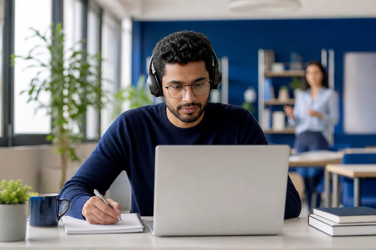 Adult learner taking an online English proficiency practice test