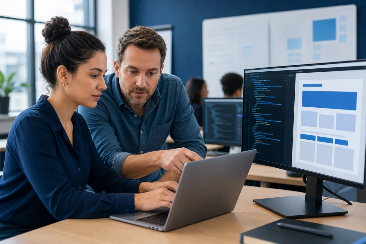 Web development learner collaborating with an instructor