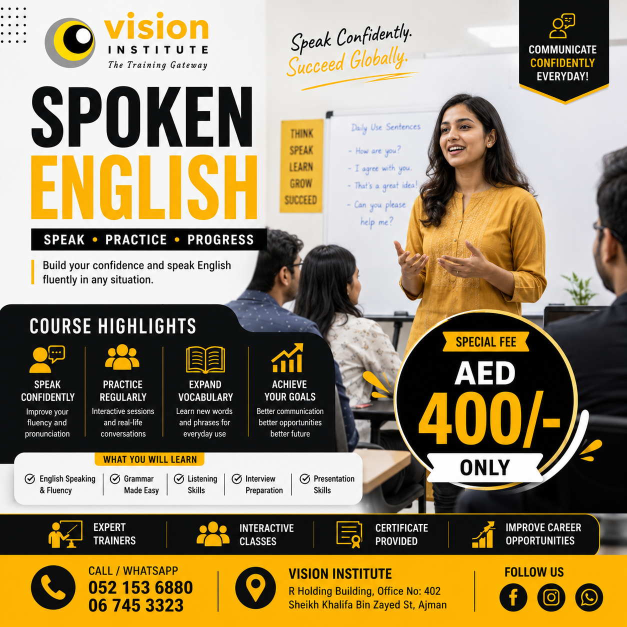 Build confidence and speak English fluently with Vision Institute in Ajman.