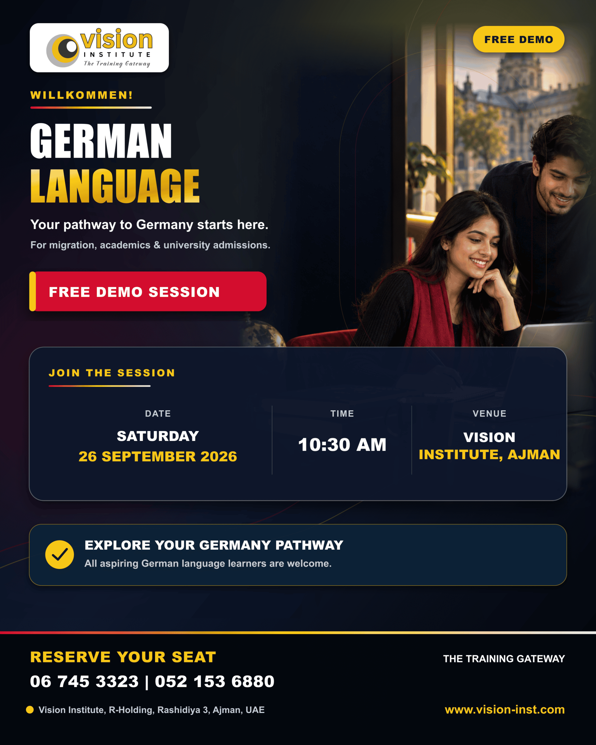 Free German language demo session at Vision Institute Ajman.